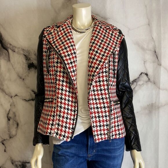 KUT brand red white and black Houndstooth tweed with quilted leather sleeves - Picture 3 of 8